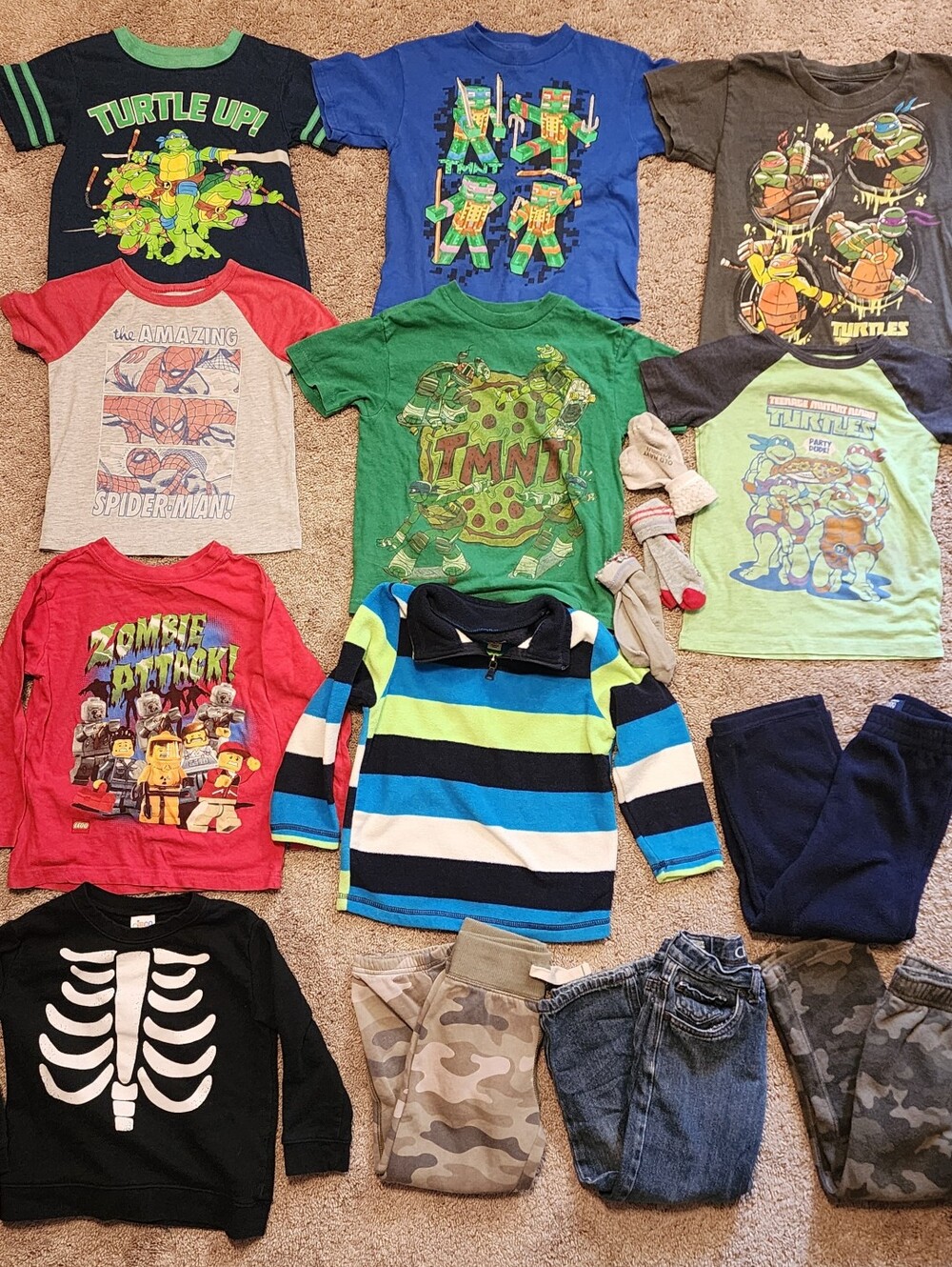 Boys Size 4T Clothes Bundle, TMNT, Spiderman, Lego, Shirts, Pants, Pullovers
